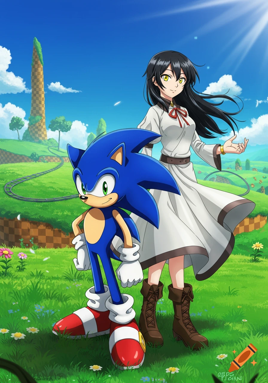 Anime style Sonic and a black-haired girl with yellow eyes in a grassy field with a tall checkered tower.