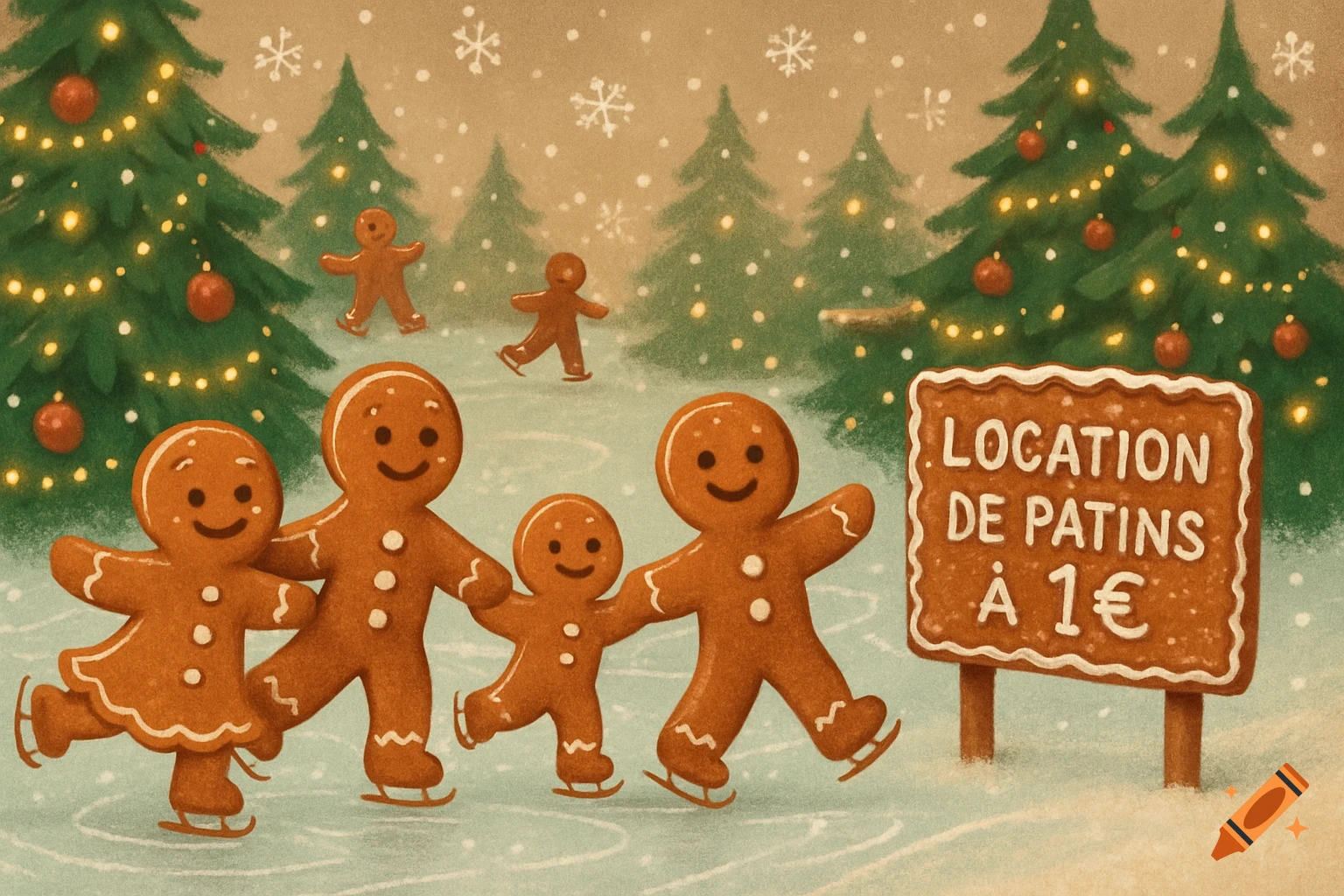 A family of gingerbread people ice skating in a snowy forest with decorated Christmas trees and a sign for skate rentals.