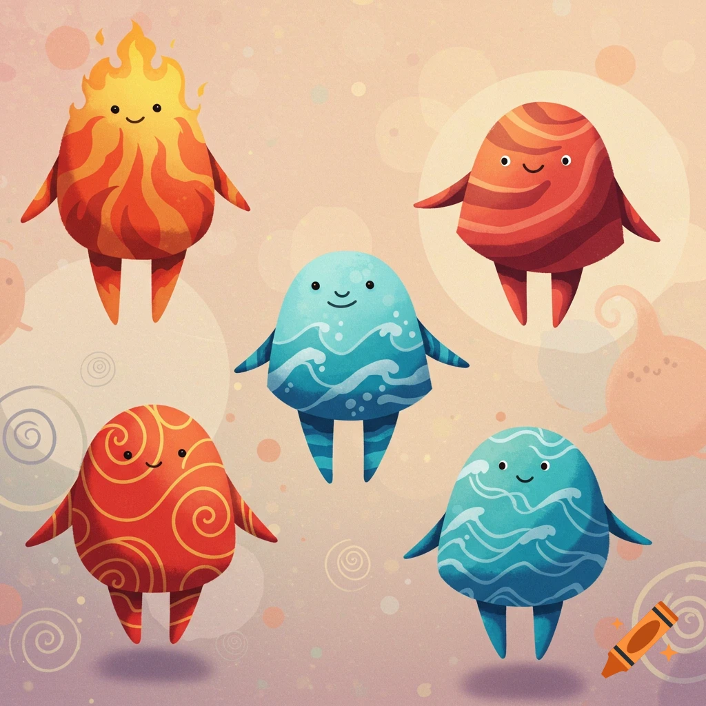 Five cute, colorful, round elemental characters with happy faces, including fire, water, and patterned designs, on a soft background.