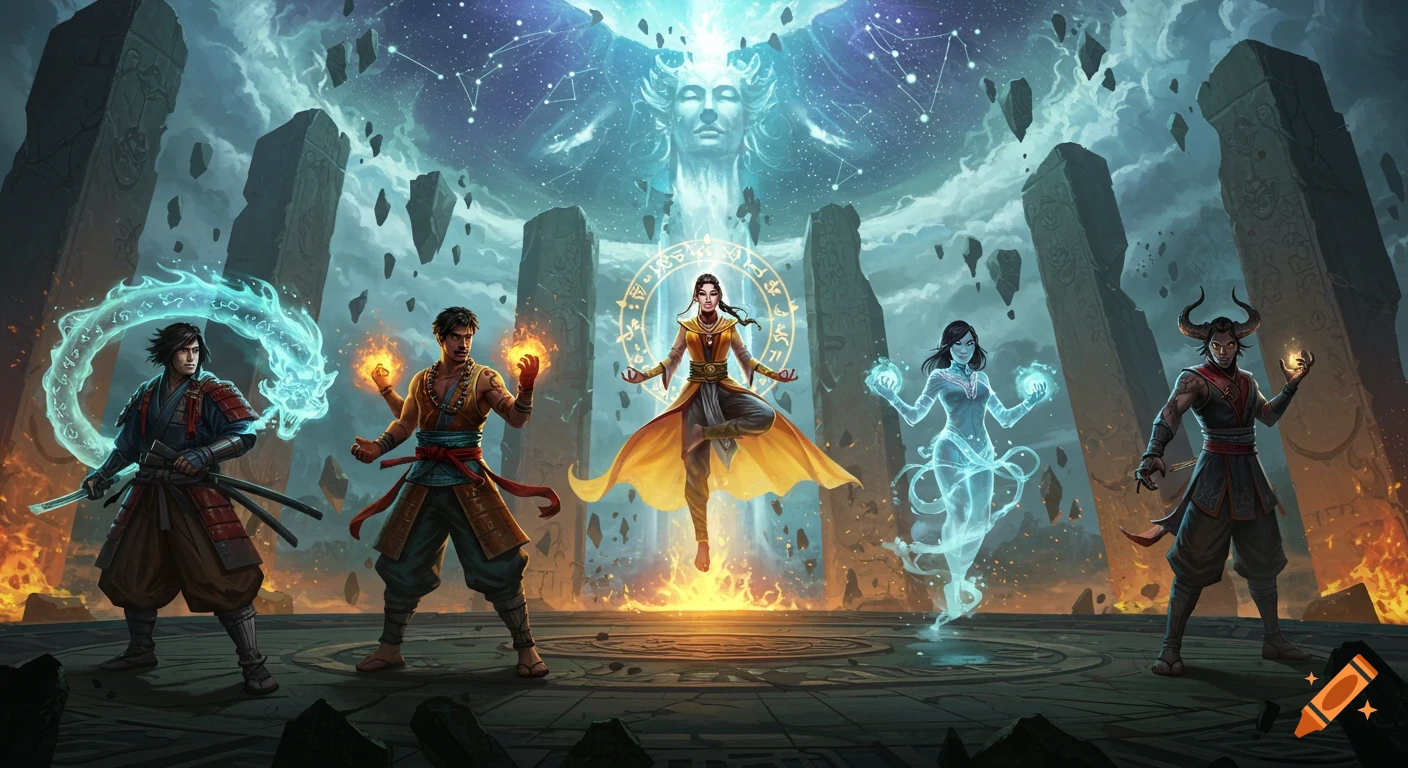 Five distinct fantasy warriors with glowing powers and unique auras stand on a circular platform. A central figure floats amidst ancient monoliths and a cosmic sky.