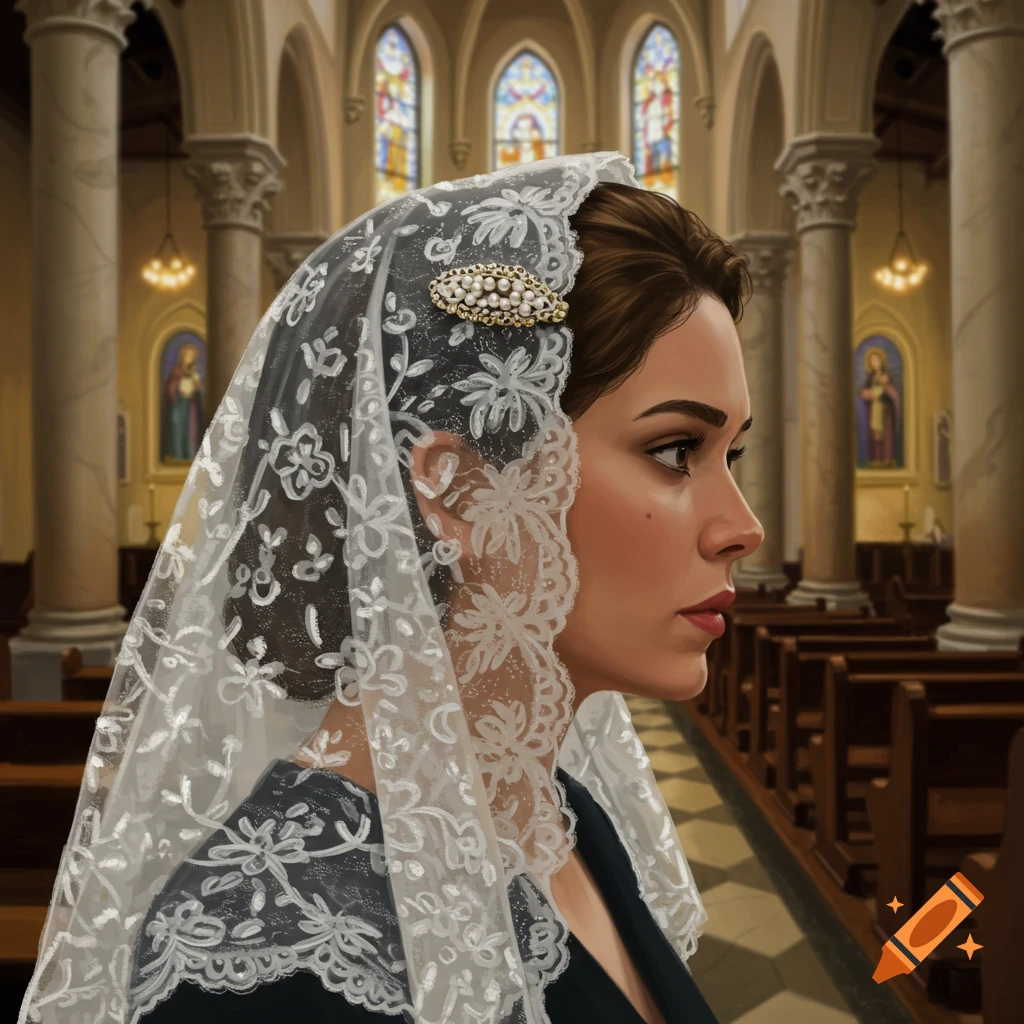 A woman wearing a white lace mantilla with a pearl clip, looking right, inside a church with stained glass windows.