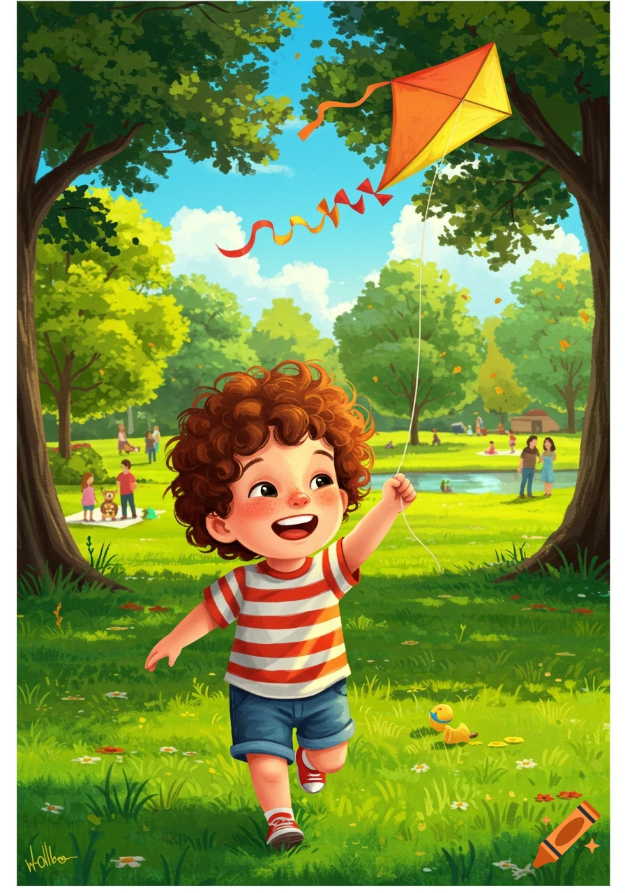 A happy, curly-haired child in a striped shirt runs through a sunny park, flying an orange and yellow kite. Illustration.
