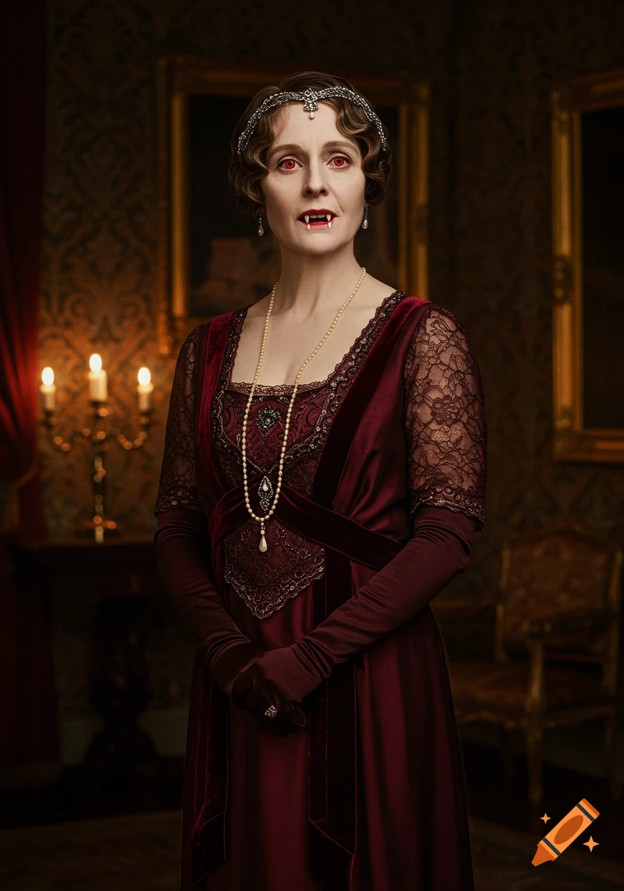 A woman with red eyes and fangs, dressed in a burgundy 1920s velvet dress and pearls, poses in an ornate room.