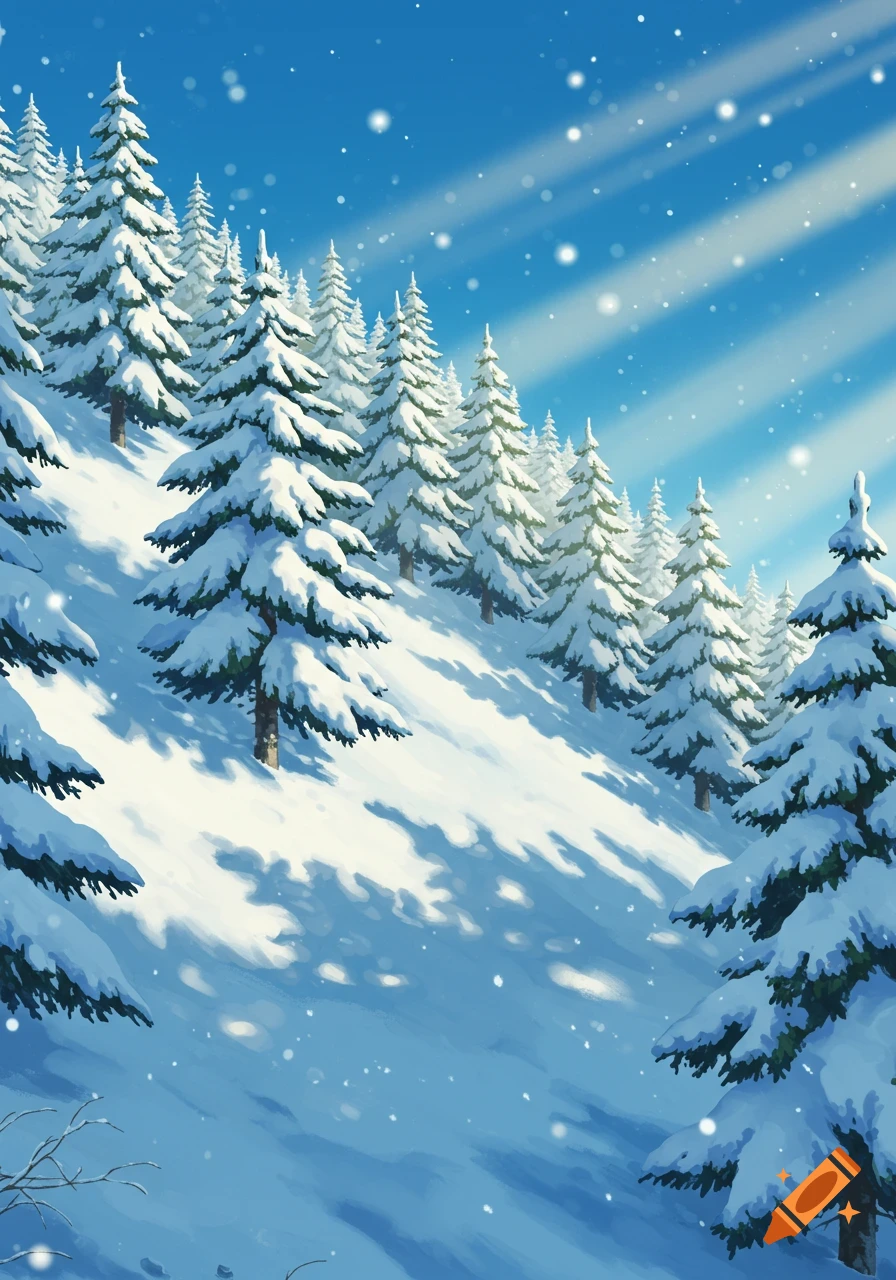 Anime-style snowy mountain landscape with pine trees, a bright blue sky, and sun rays.