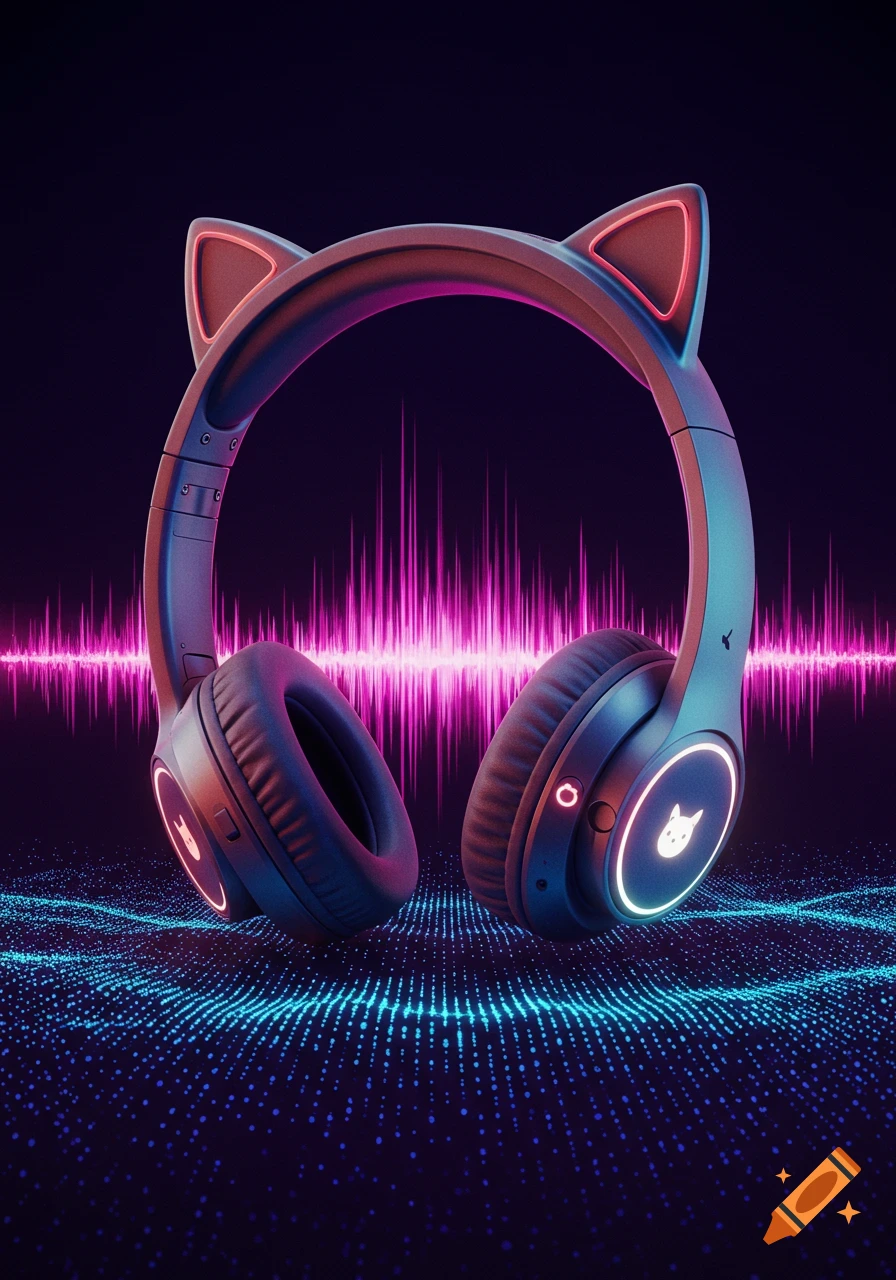 Glowing cat-eared headphones with neon lights, pink sound waves, and blue digital patterns on a dark background.