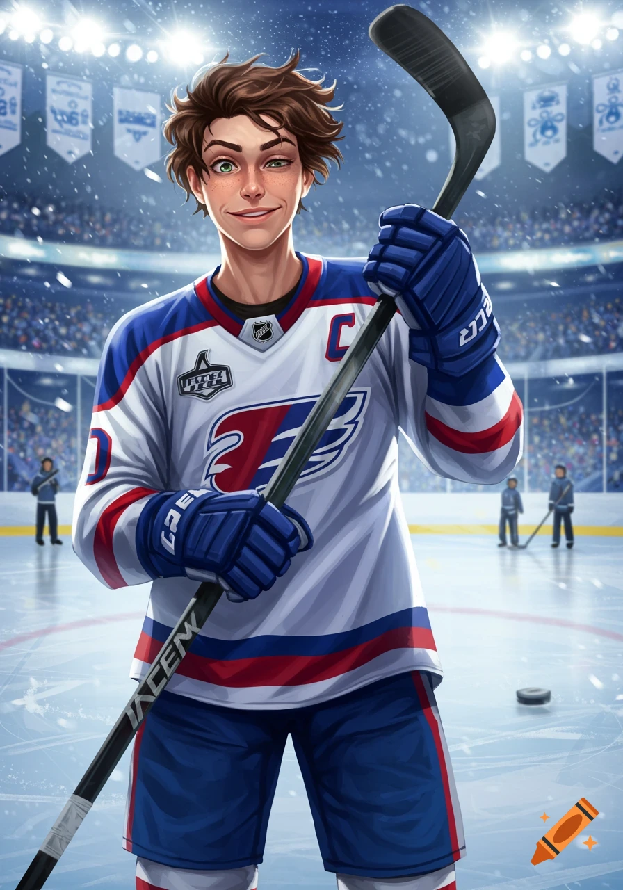 A semi-realistic digital illustration of a young man with messy brown hair and a smirk, wearing a hockey uniform, holding a stick in an ice arena.