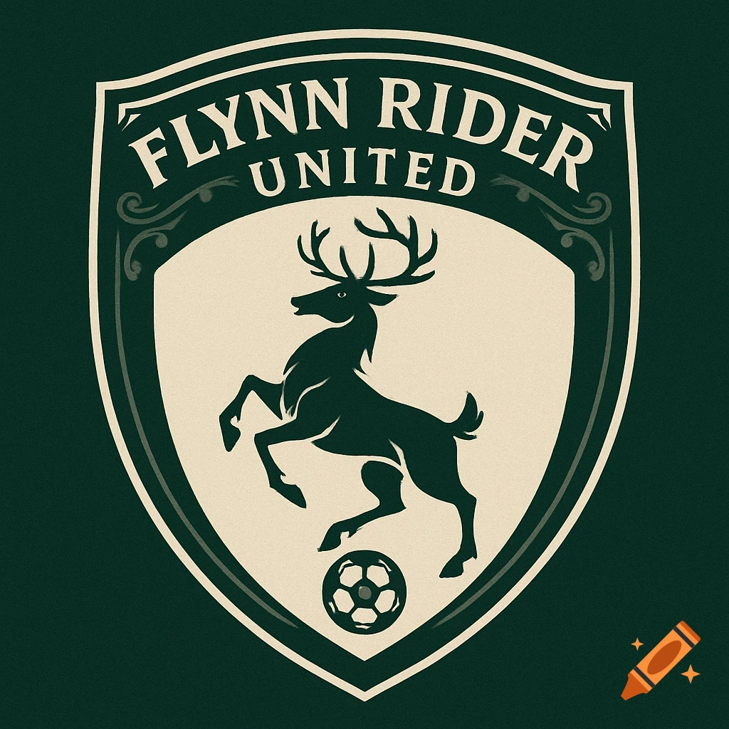 A traditional style soccer club logo featuring a dark green rearing deer over a soccer ball, with 'FLYNN RIDER UNITED' text on a cream shield.