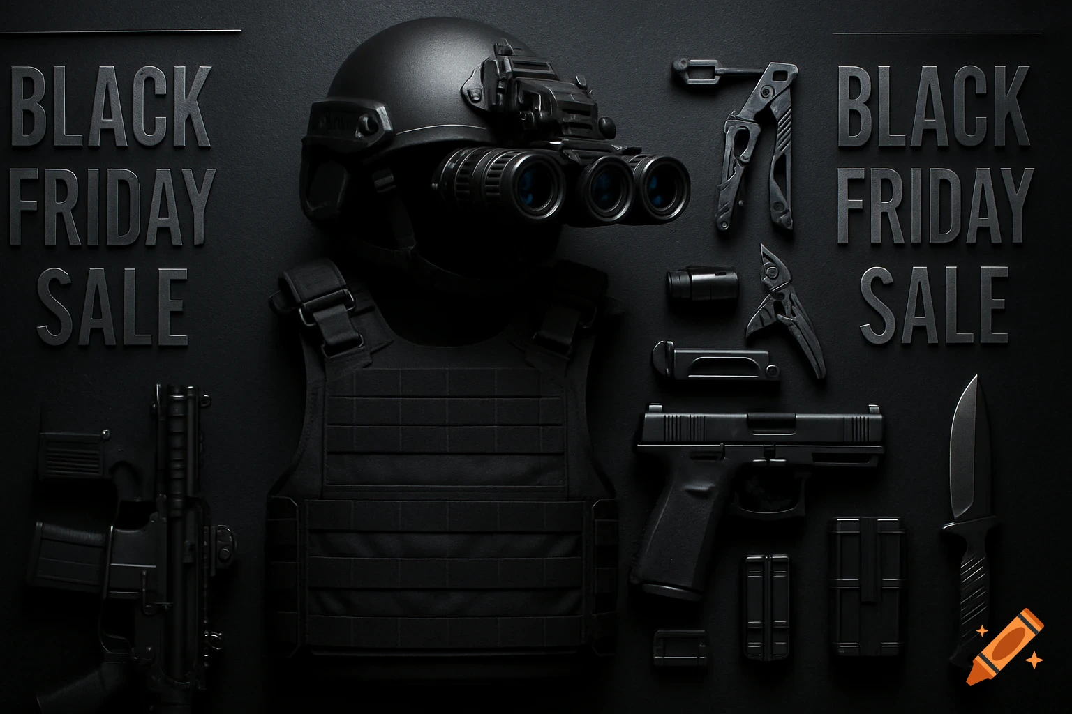 Flat lay of black tactical gear including a helmet with night vision, body armor, rifle, pistol, and knife, with "BLACK FRIDAY SALE" text.
