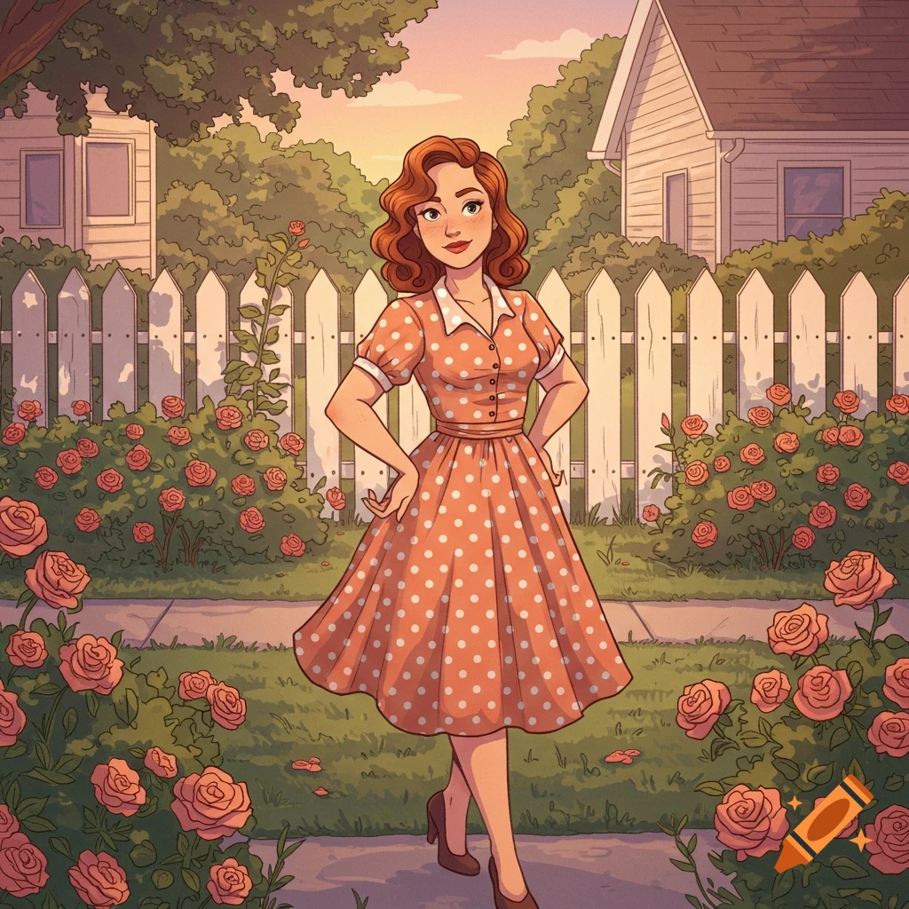An illustrated woman in an orange polka dot dress stands smiling in a rose garden with houses and a white picket fence.