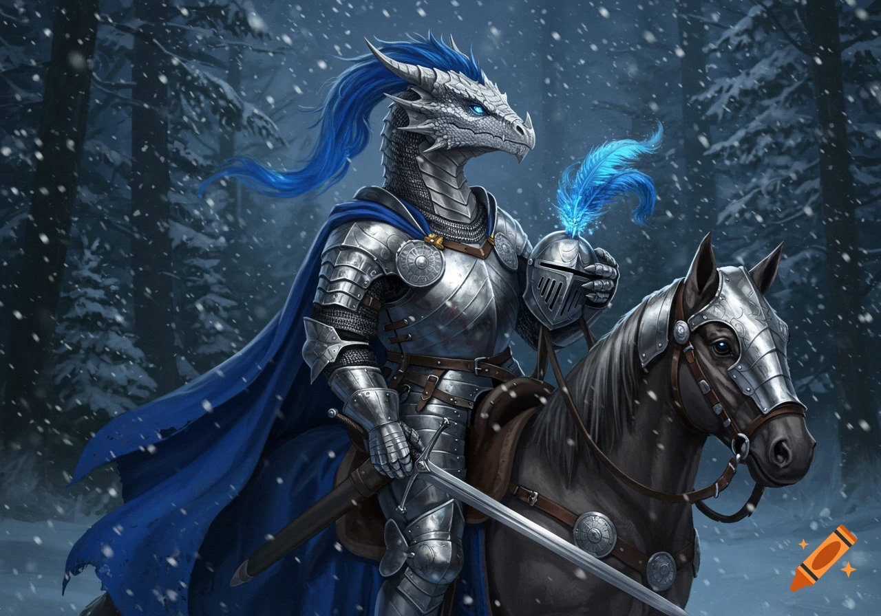 A silver dragon knight in shining steel armor and a blue cape holds his feathered helmet while riding a horse through a snowy forest at night.