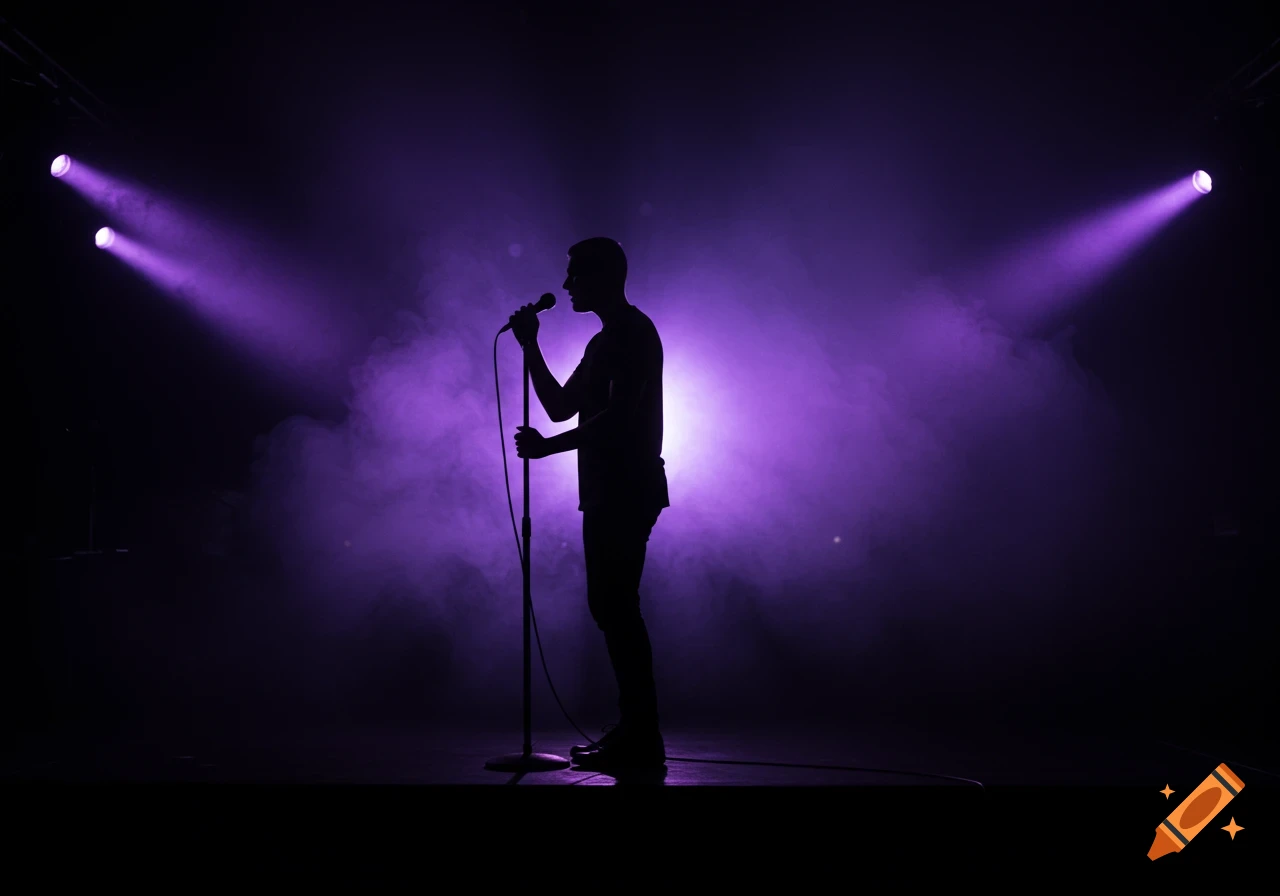 Silhouette of a singer holding a microphone on stage, illuminated by purple spotlights and smoke.