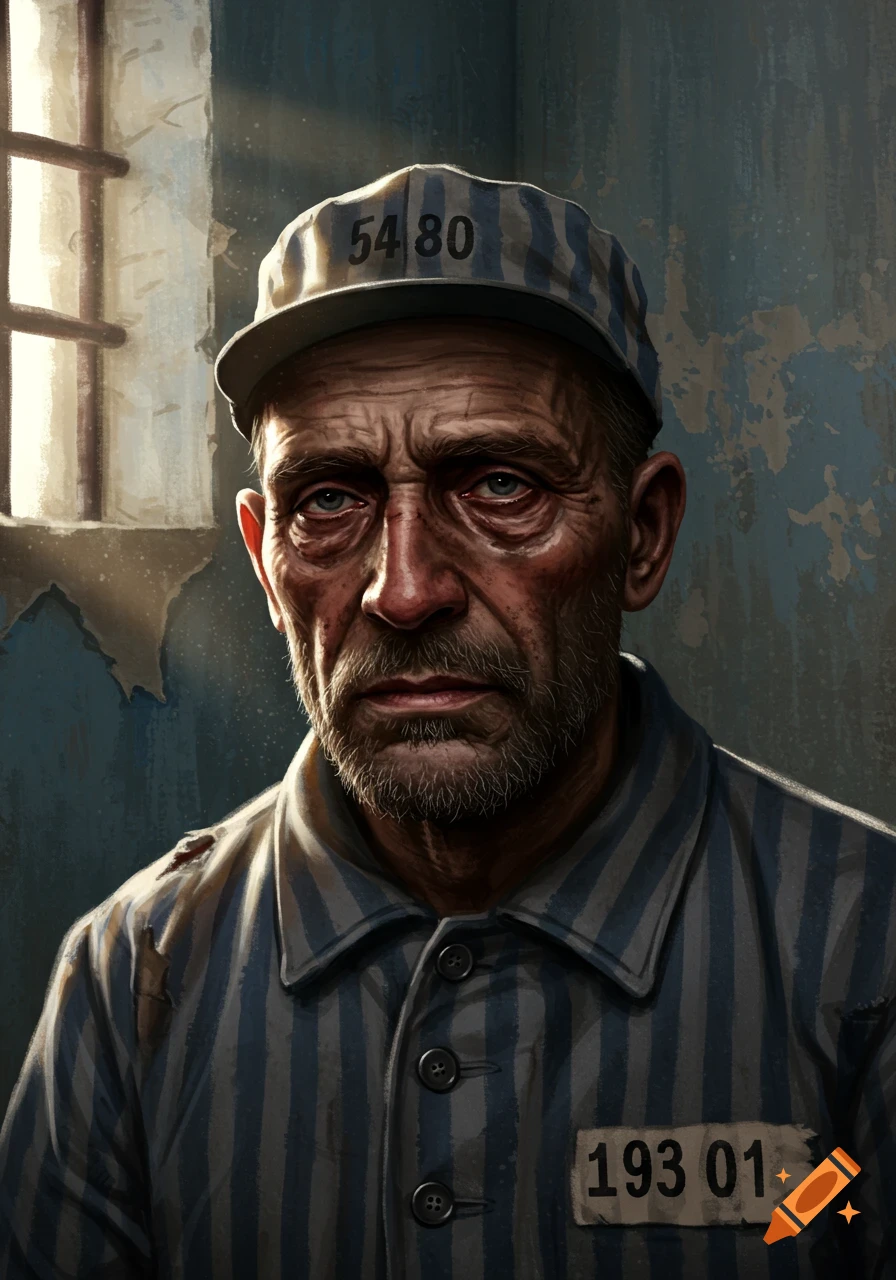 A detailed portrait of an aged man with a beard, wearing a striped prisoner uniform and cap, standing in a dimly lit cell.
