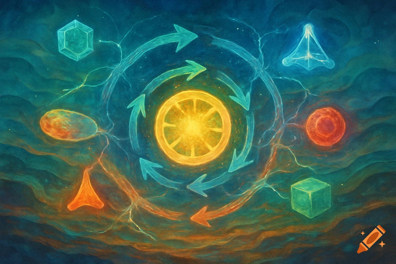 Abstract, painterly illustration of a central glowing wheel encircled by arrows and various geometric and organic shapes on a teal and orange background.