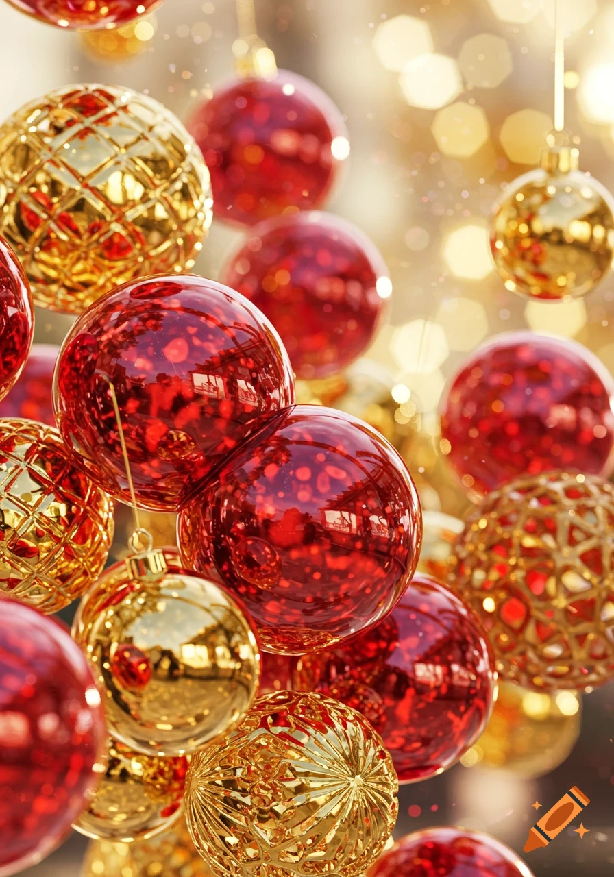 Close-up of bright, sparkly red and gold Christmas ornaments and bubbles against a bokeh background.