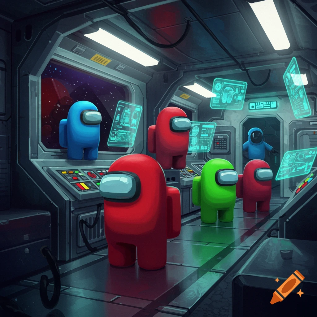 A group of red, blue, and green Among Us characters stand in a futuristic spaceship control room with holographic screens.
