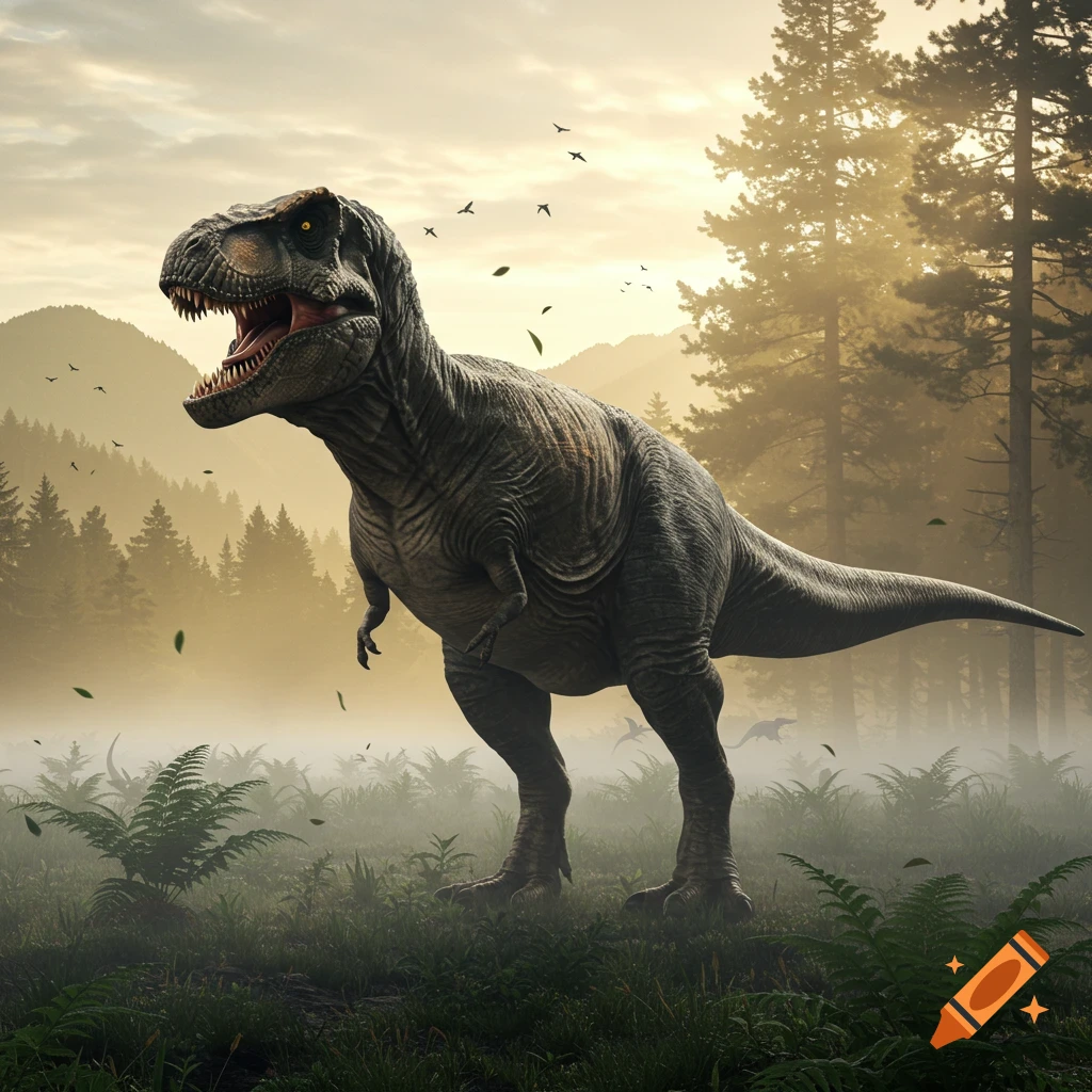 A photorealistic Tyrannosaurus Rex roars in a foggy, sunlit prehistoric forest with ferns and distant mountains.