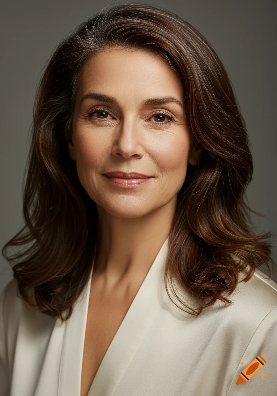 Photorealistic close-up portrait of an elegant mature woman with brown hair and light wrinkles, looking at the camera.