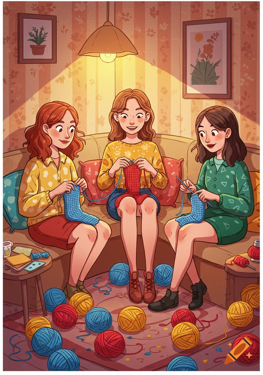 A cartoon illustration shows three smiling women sitting on a sofa, knitting with colorful yarn in a cozy, warmly lit room.
