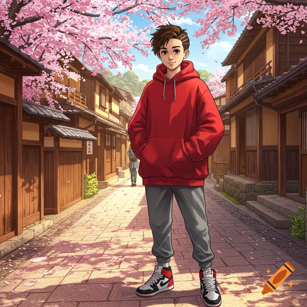 A young Japanese man in a red hoodie and grey joggers stands on a Kyoto street lined with traditional buildings and cherry blossoms. Anime style.