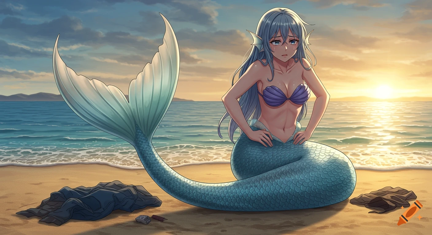 Anime mermaid with blue hair and a shell bra sits on a beach at sunset, looking frustrated, with clothes nearby.