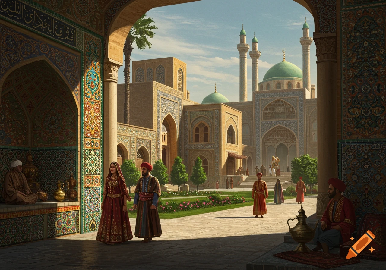 An ornate courtyard view through an archway reveals people in traditional attire and grand Middle Eastern architecture with domes and minarets under a clear sky.