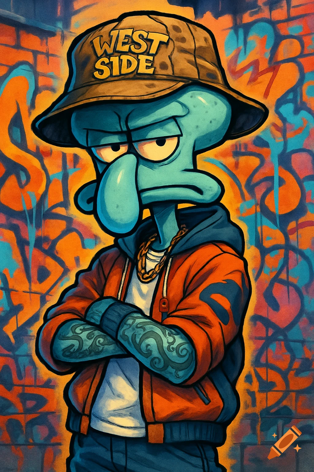 Grumpy Squidward in streetwear, wearing a 'WEST SIDE' bucket hat, orange hoodie, gold chain, and arm tattoos, against a graffiti wall.