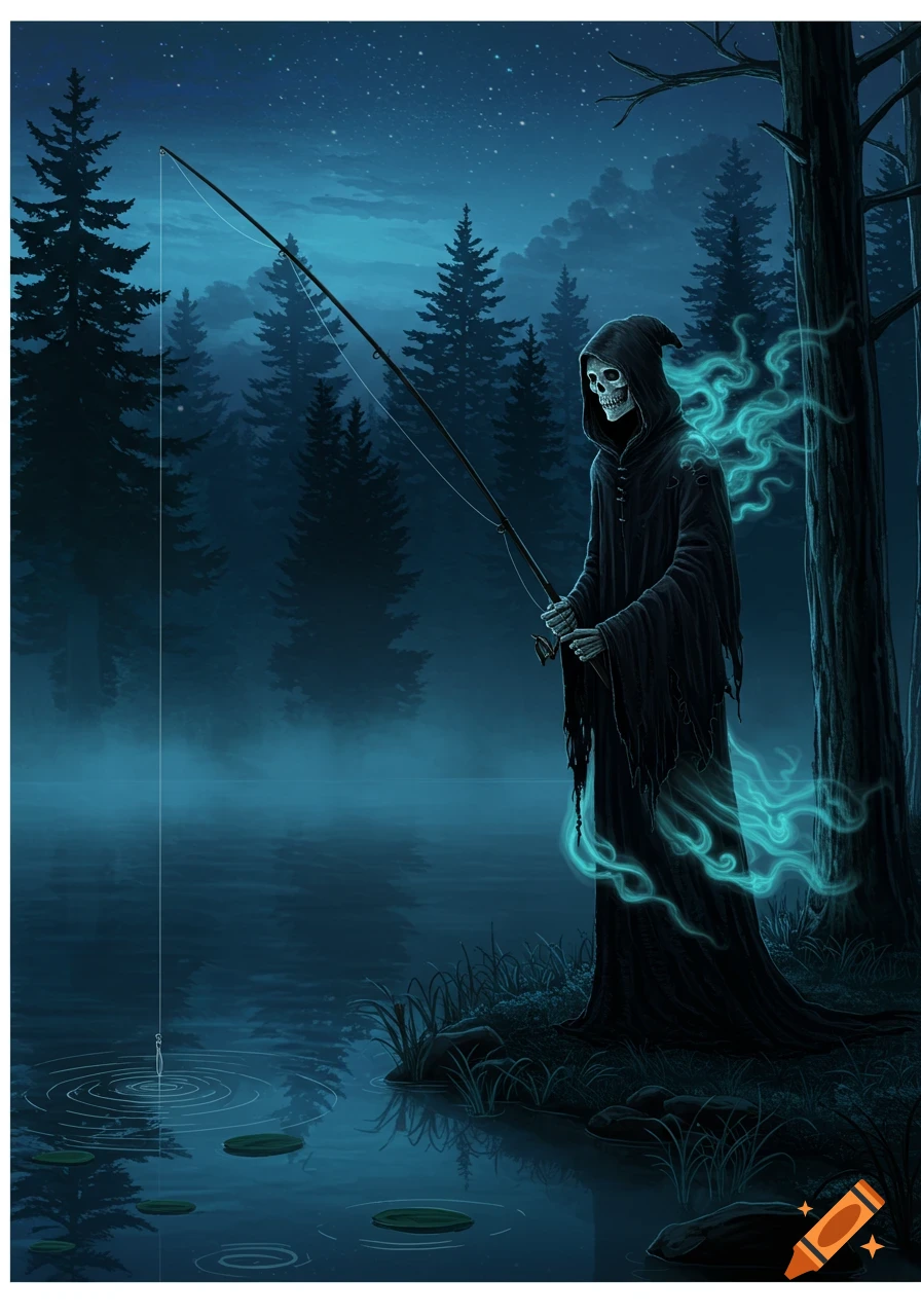 A skeletal Grim Reaper in a black robe fishes in a misty dark forest lake at night, with glowing cyan smoke.