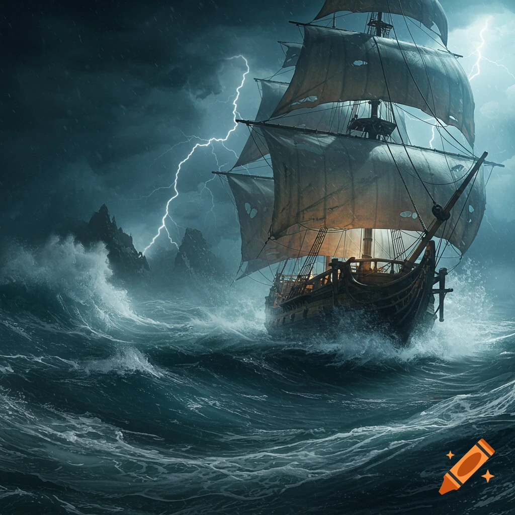 A tall ship battles massive waves during a lightning storm on a dark, wild sea.
