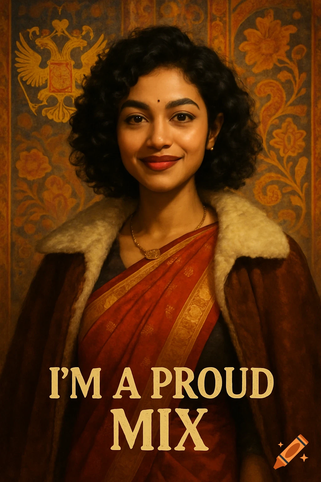 A smiling woman with dark curly hair wearing a red saree, gold jewelry, and a fur-collared coat stands in front of a patterned wall with a Russian double-headed eagle emblem. Text at the bottom reads 'I'M A PROUD MIX'.