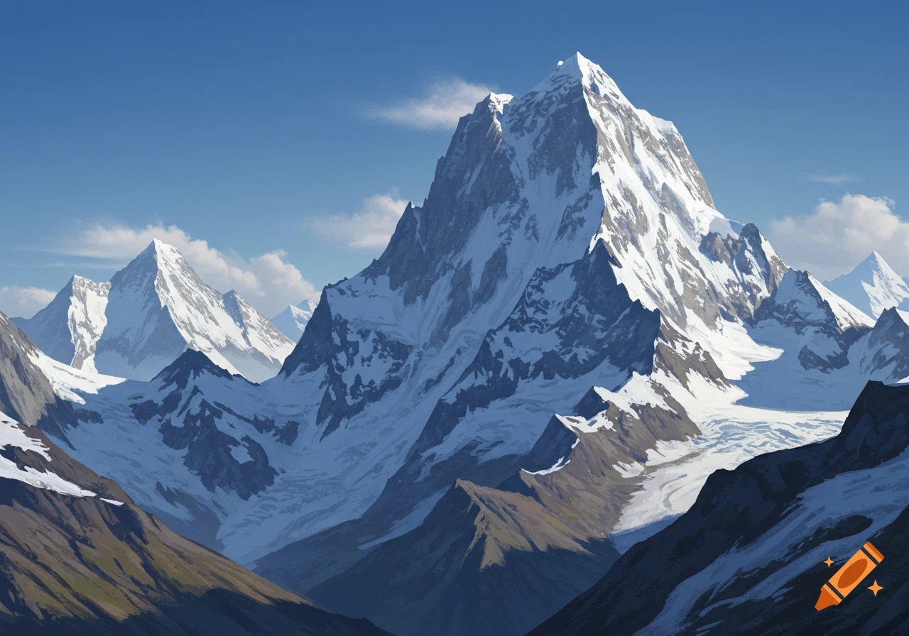 A majestic range of snow-capped mountains with a prominent central peak, set against a clear blue sky with white clouds.