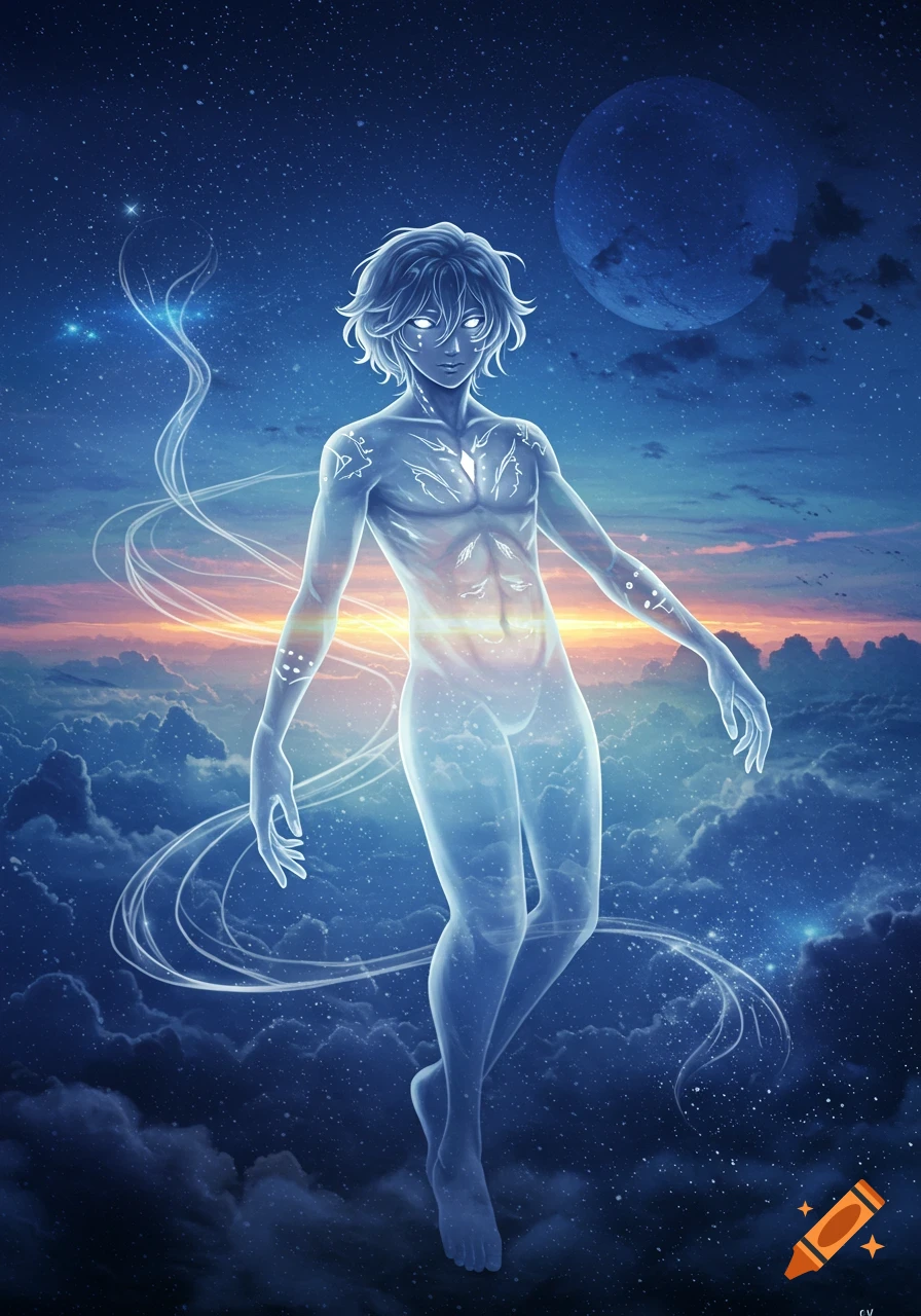 An anime-style translucent male figure with glowing eyes floats among stars and clouds, with a large moon in the blue twilight sky.