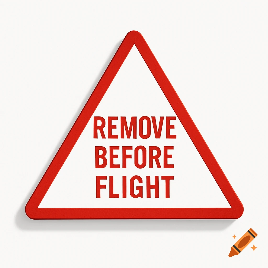 A red-bordered white triangular sign with the text 'REMOVE BEFORE FLIGHT' in red uppercase letters.