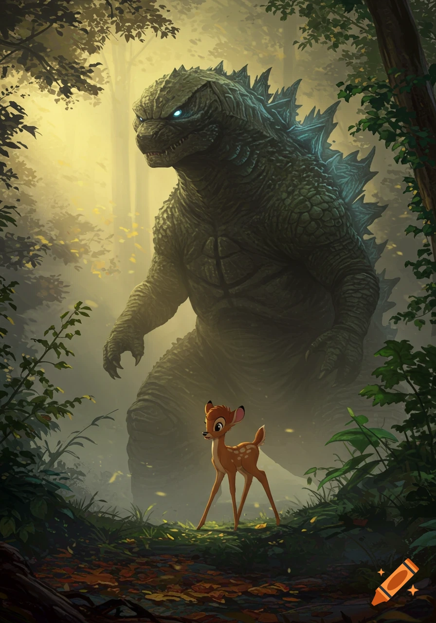 Godzilla looms over a tiny Bambi in a sunlit, misty forest, rendered in a detailed illustrative style.