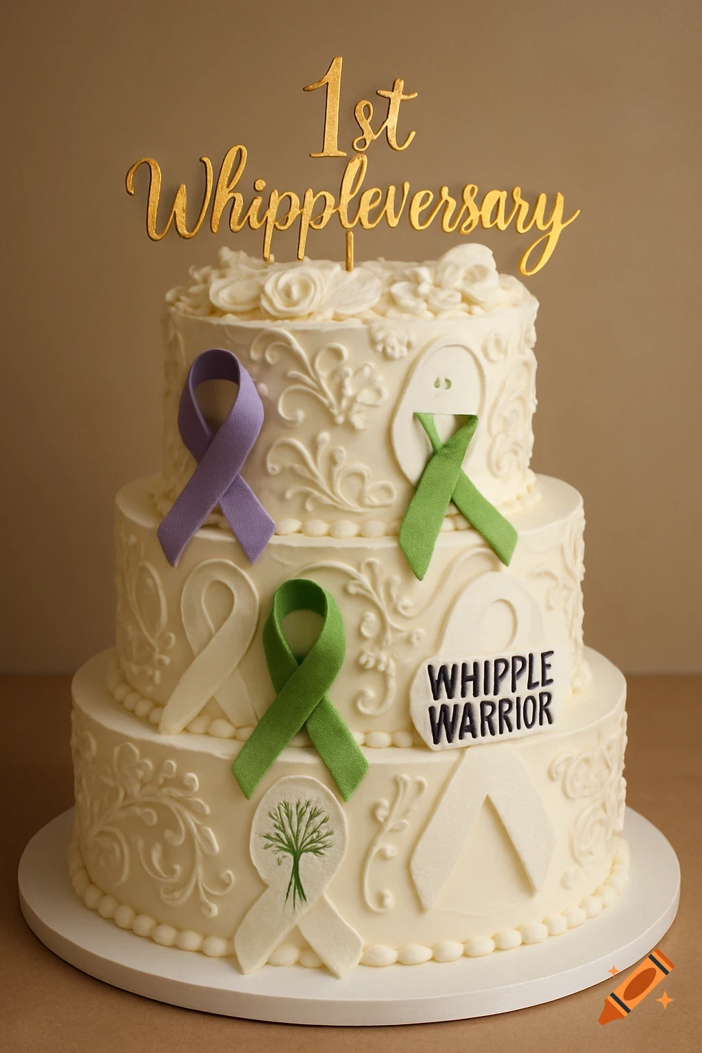 A three-tiered white cake with piped icing, decorated with purple, green, and white medical awareness ribbons, a 'WHIPPLE WARRIOR' ribbon, and a gold '1st Whippleversary' topper. Photorealistic.