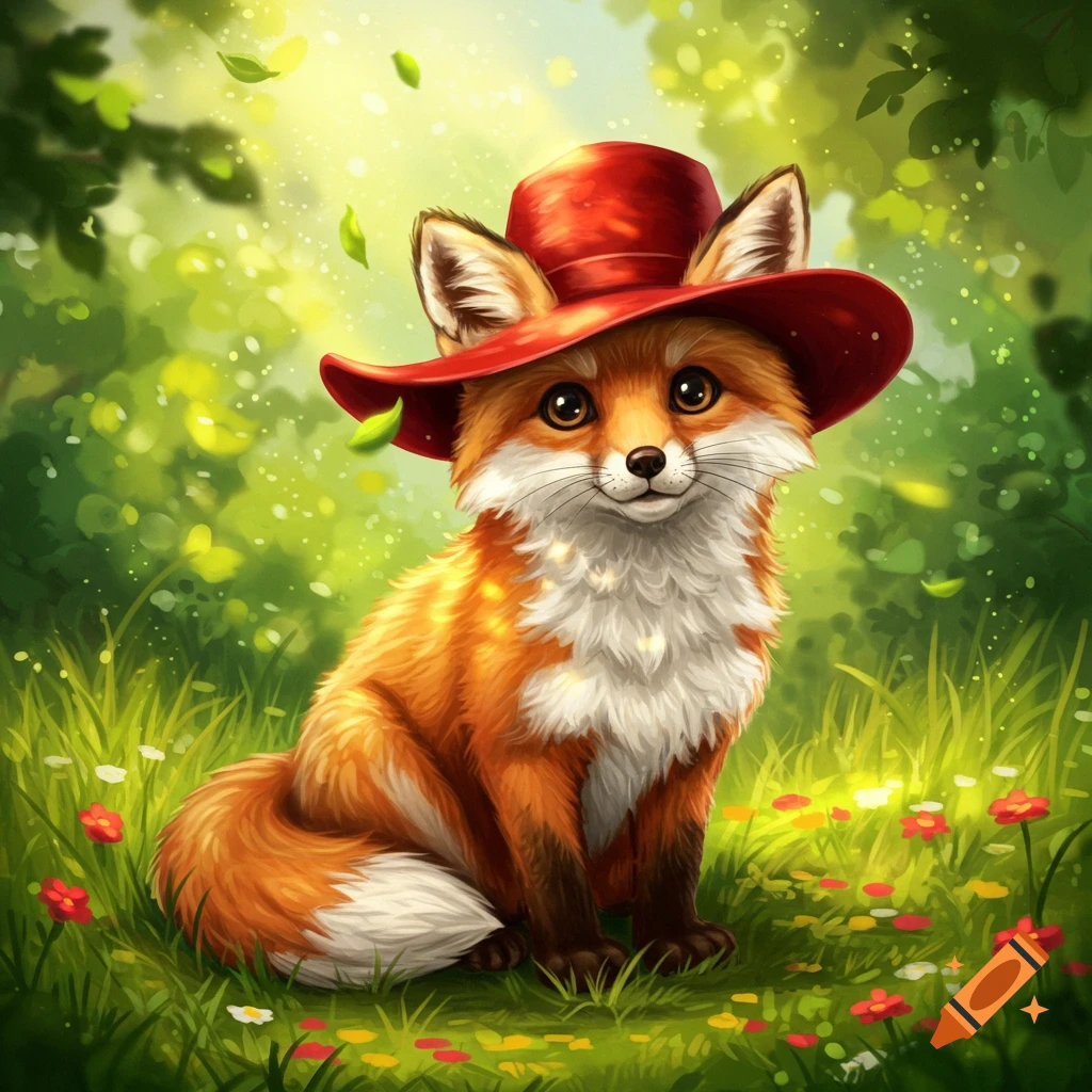 A cute, cartoonish fox wearing a red hat sits in a lush green field with sunlight and flowers, digital illustration.