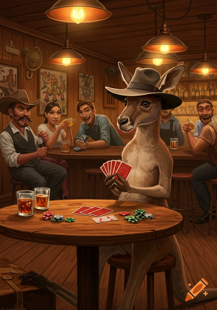 An illustrated kangaroo in a cowboy hat plays cards at a wooden bar table with drinks and chips, while human patrons sit at the bar.
