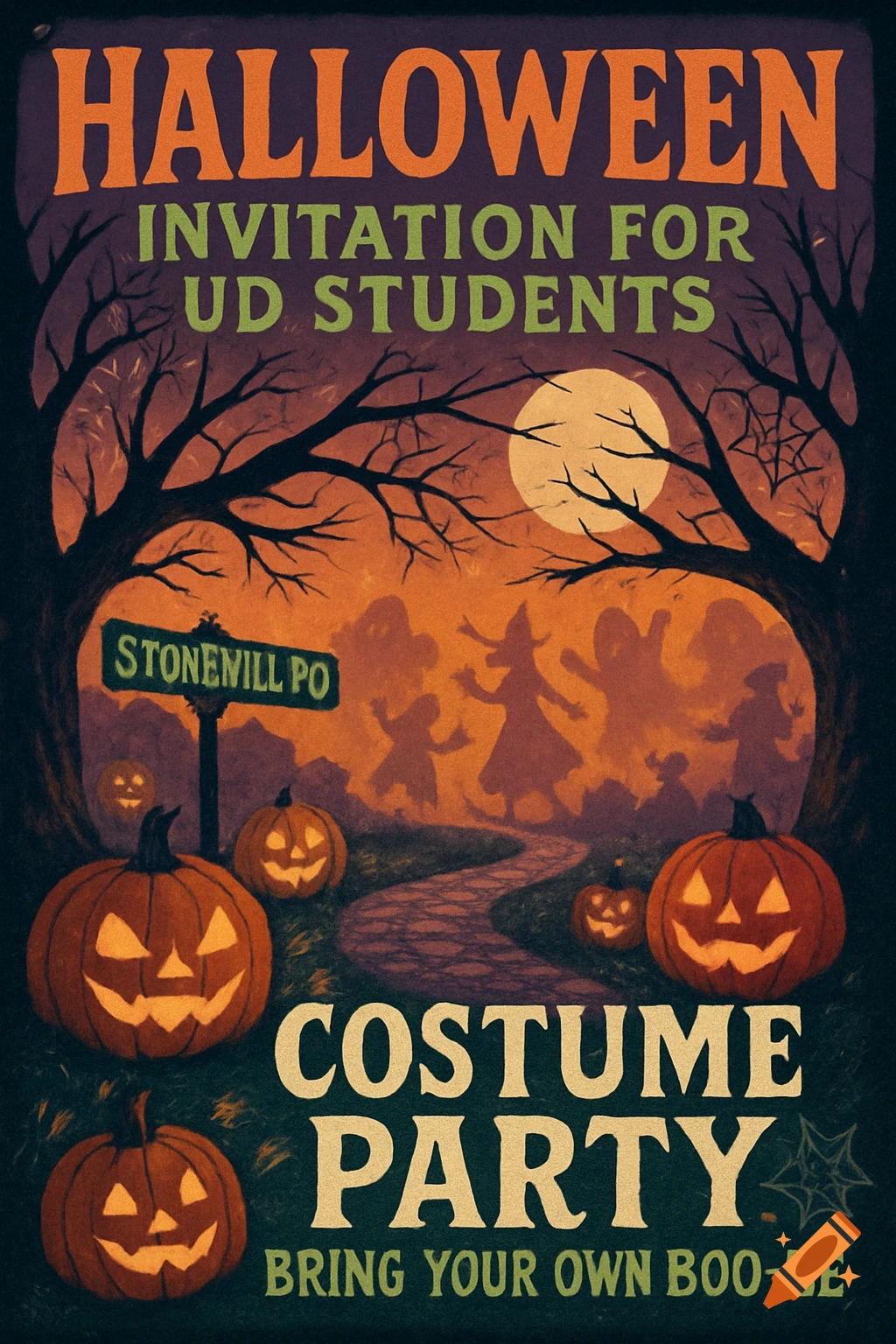 Vintage Halloween invitation poster with pumpkins, bare trees, a full moon, and silhouetted party-goers.