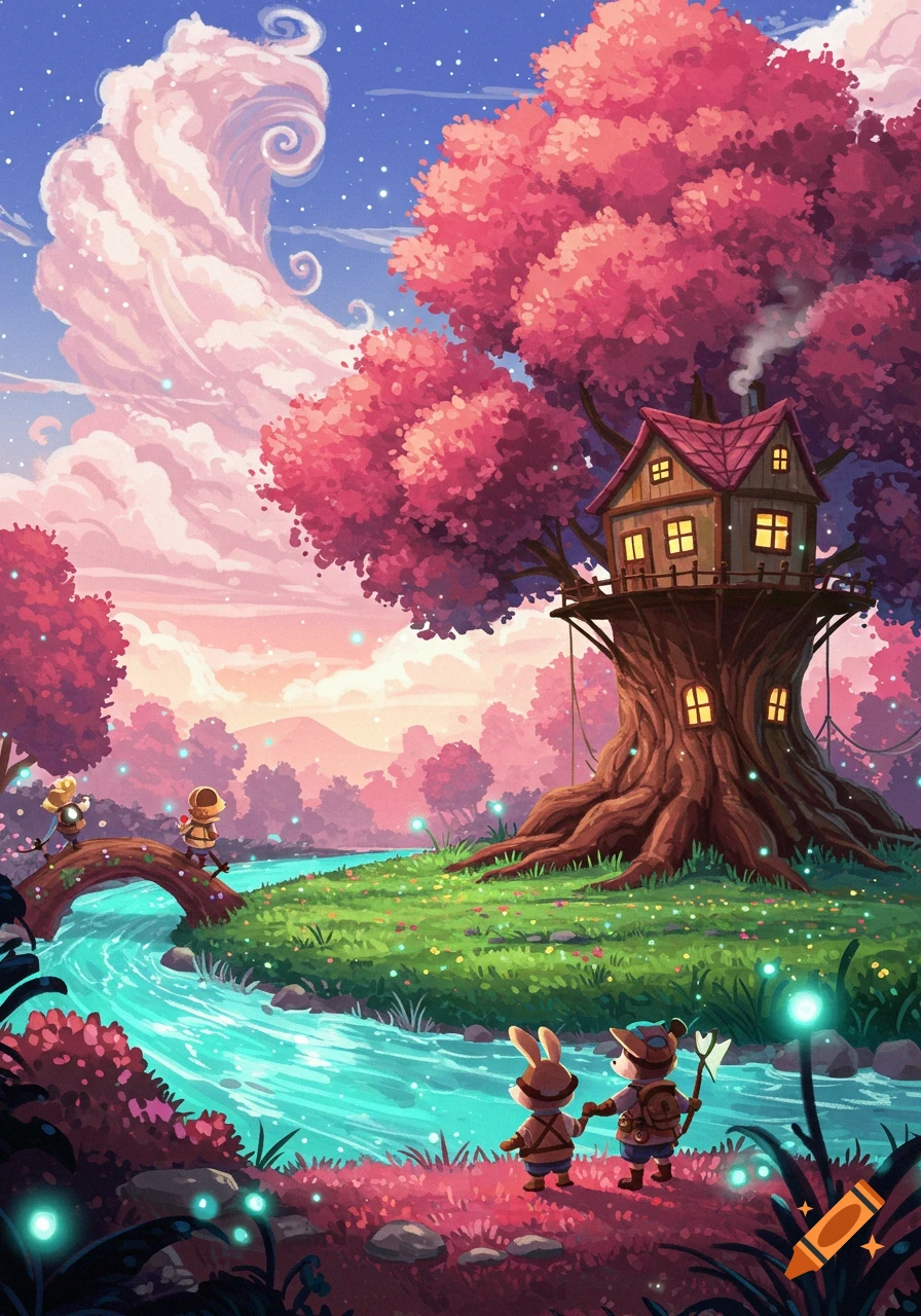 Vibrant digital art of a whimsical fantasy forest with a treehouse, pink trees, a blue river, and anthropomorphic animal characters.