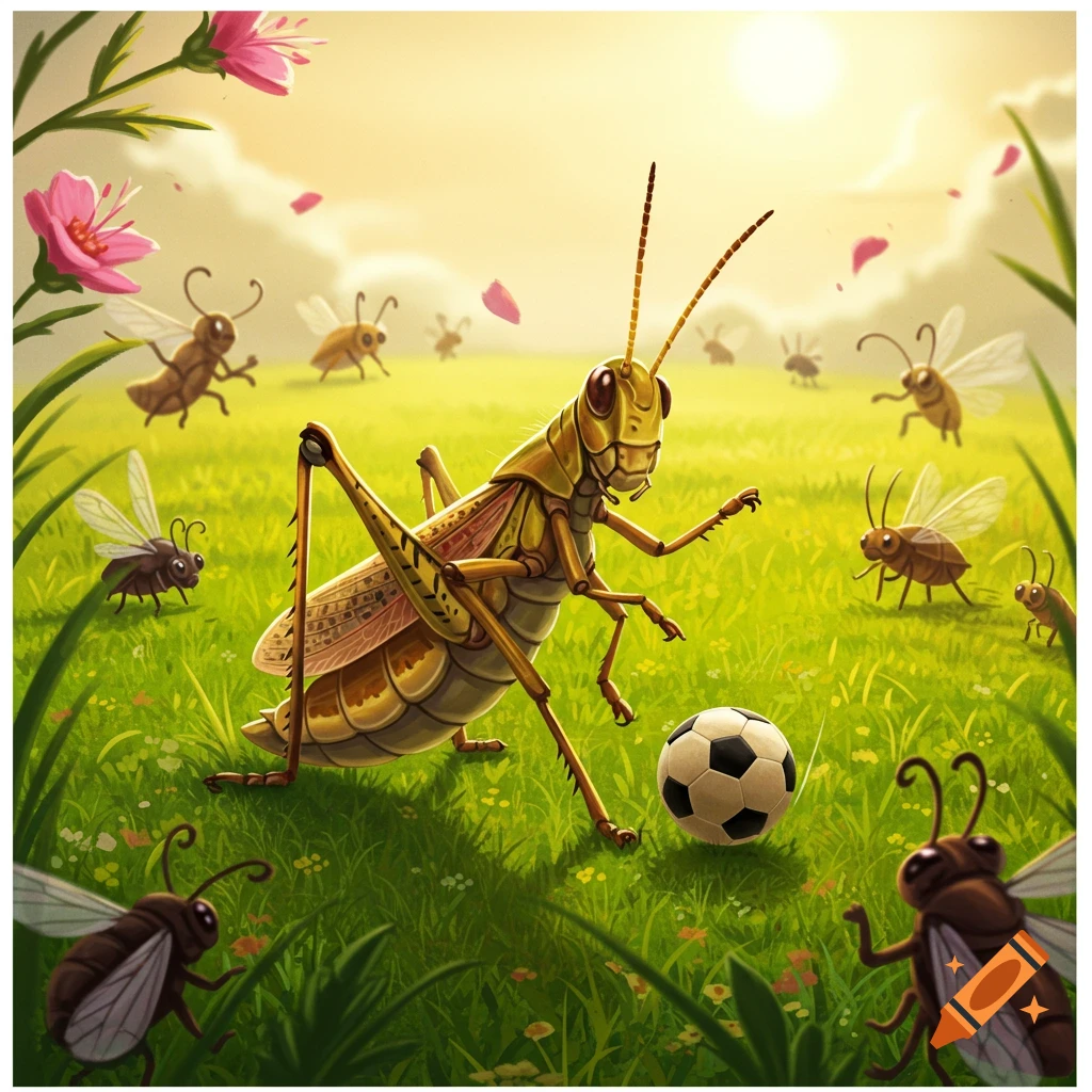 A cartoon illustration of a large grasshopper playing soccer with smaller winged insects in a sunny, grassy field with pink flowers.