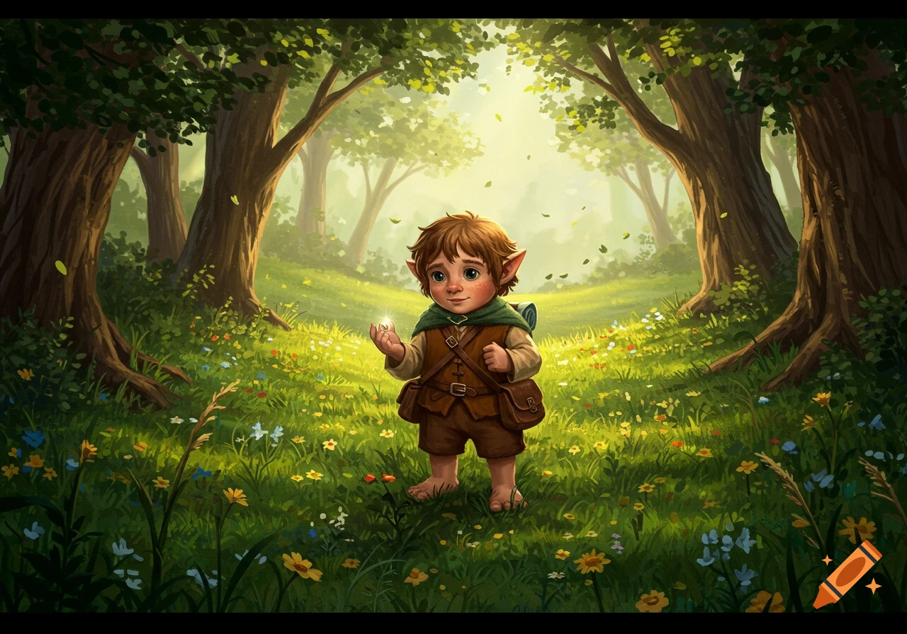 An illustrated young hobbit with pointed ears holds a glowing object in a sunlit forest clearing filled with wildflowers.