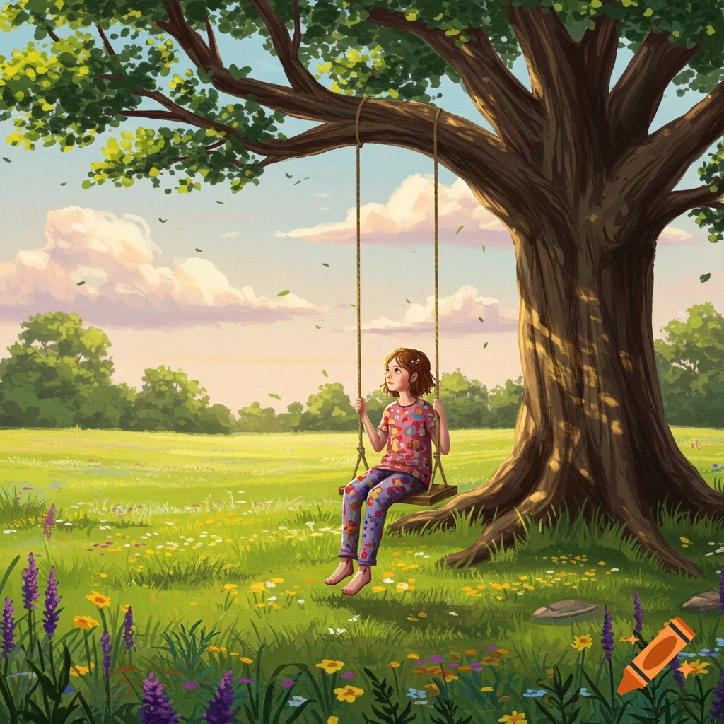 An illustrated young girl sits on a wooden swing under a large tree in a vibrant meadow filled with wildflowers.