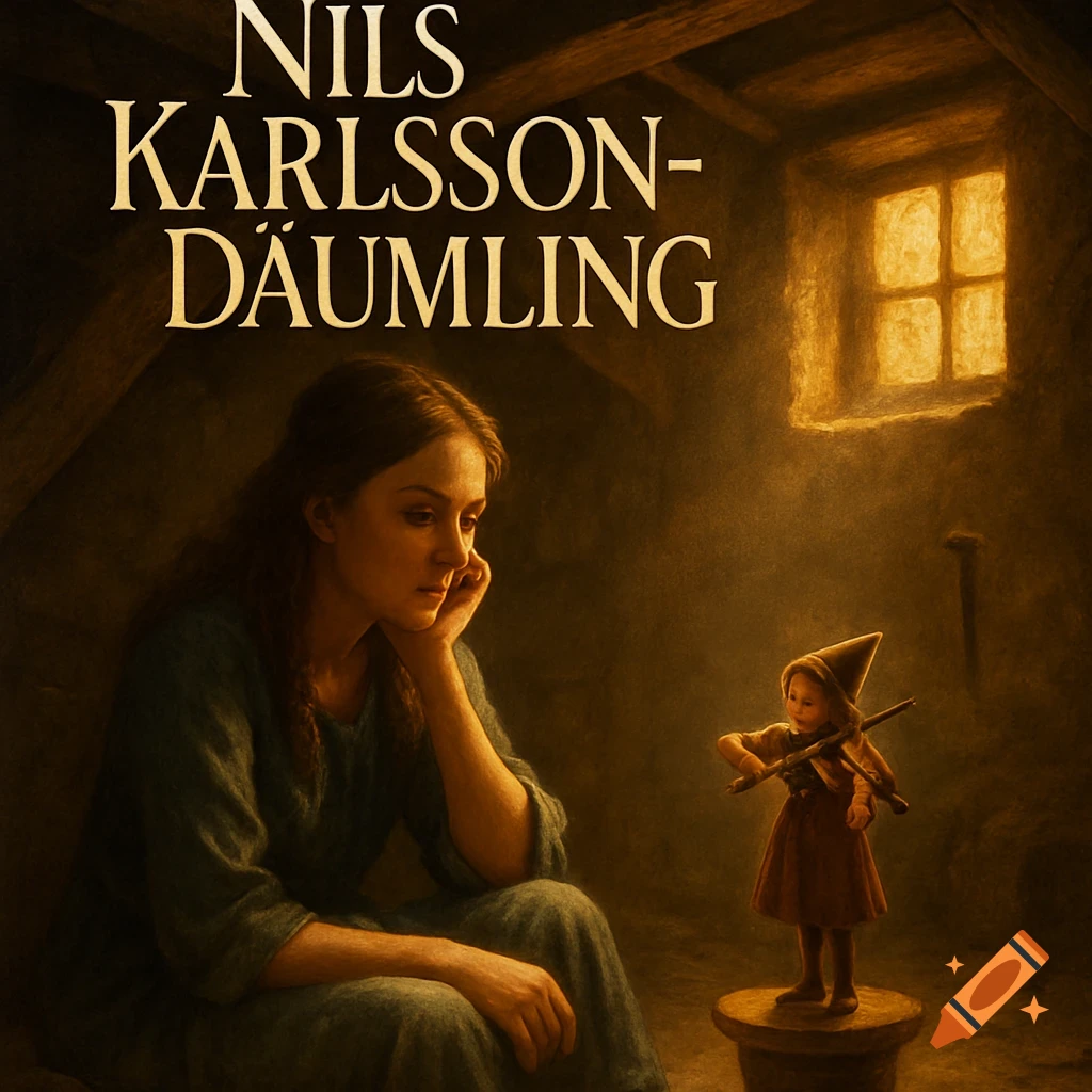A woman watches a tiny violinist play in a dimly lit room, with the title 'NILS KARLSSON-DÄUMLING' above, in a cinematic, painterly style.
