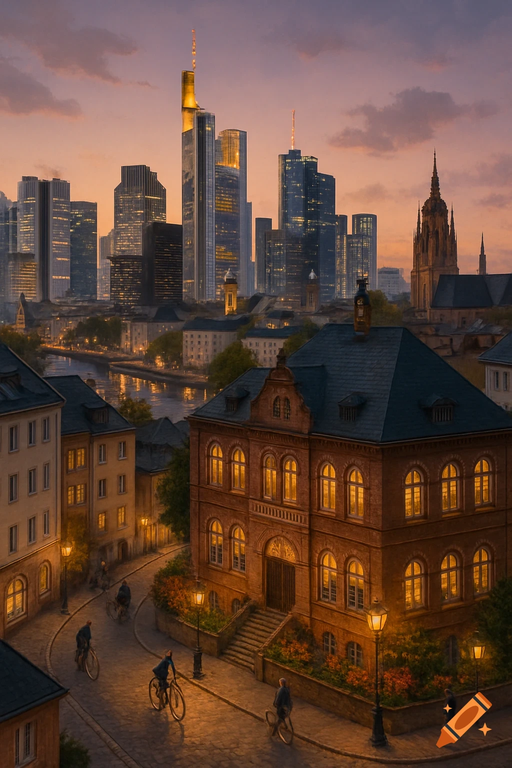 A vibrant cityscape at dusk with historic brick buildings, modern illuminated skyscrapers, and people on cobblestone streets.