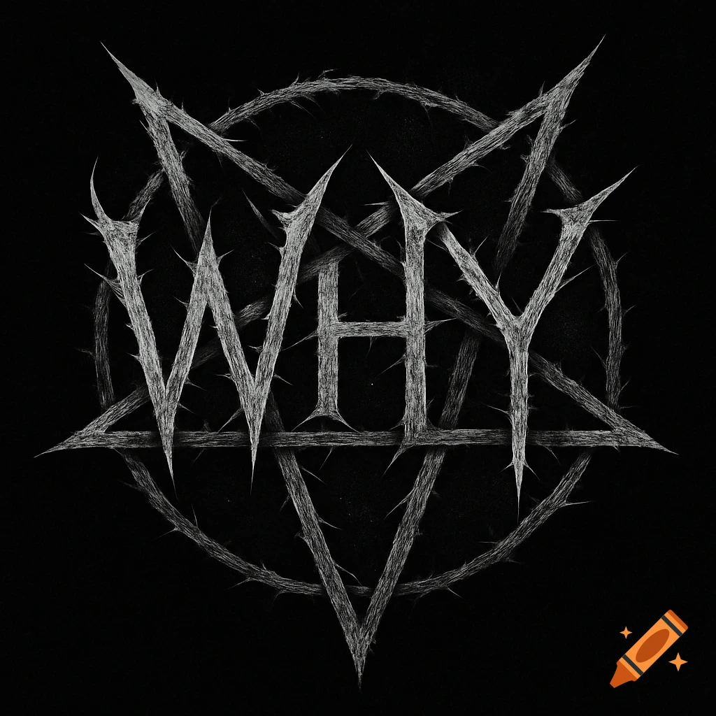 The word WHY, stylized with thorny white branches, forms an inverted pentagram against a dark black background, in a black metal art style.