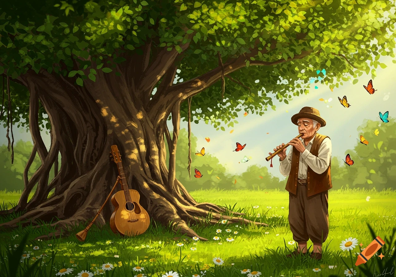 An old man plays a flute under a huge leafy tree in a sunny meadow with wildflowers and butterflies. A guitar leans against the tree. Illustration.