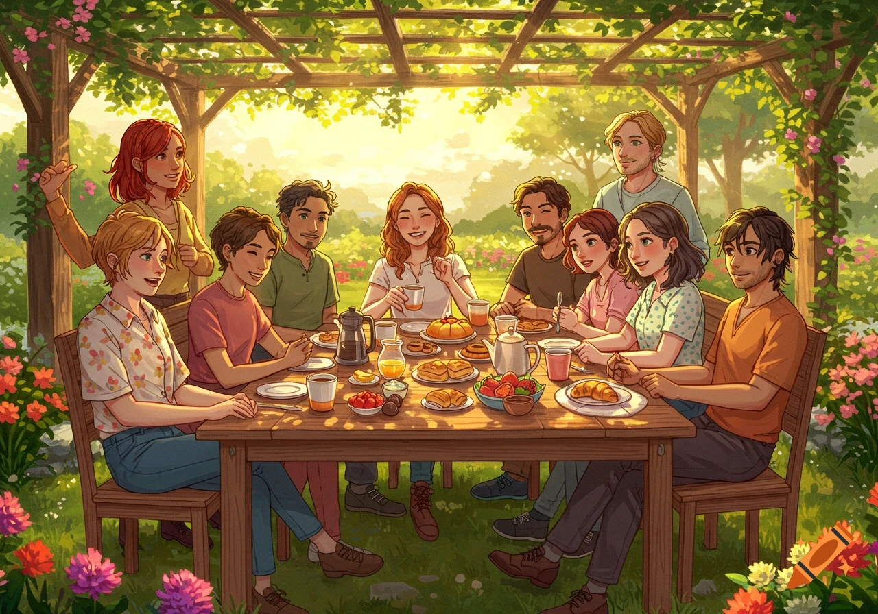 Illustration of a group of diverse friends enjoying an outdoor breakfast together under a sunlit pergola.