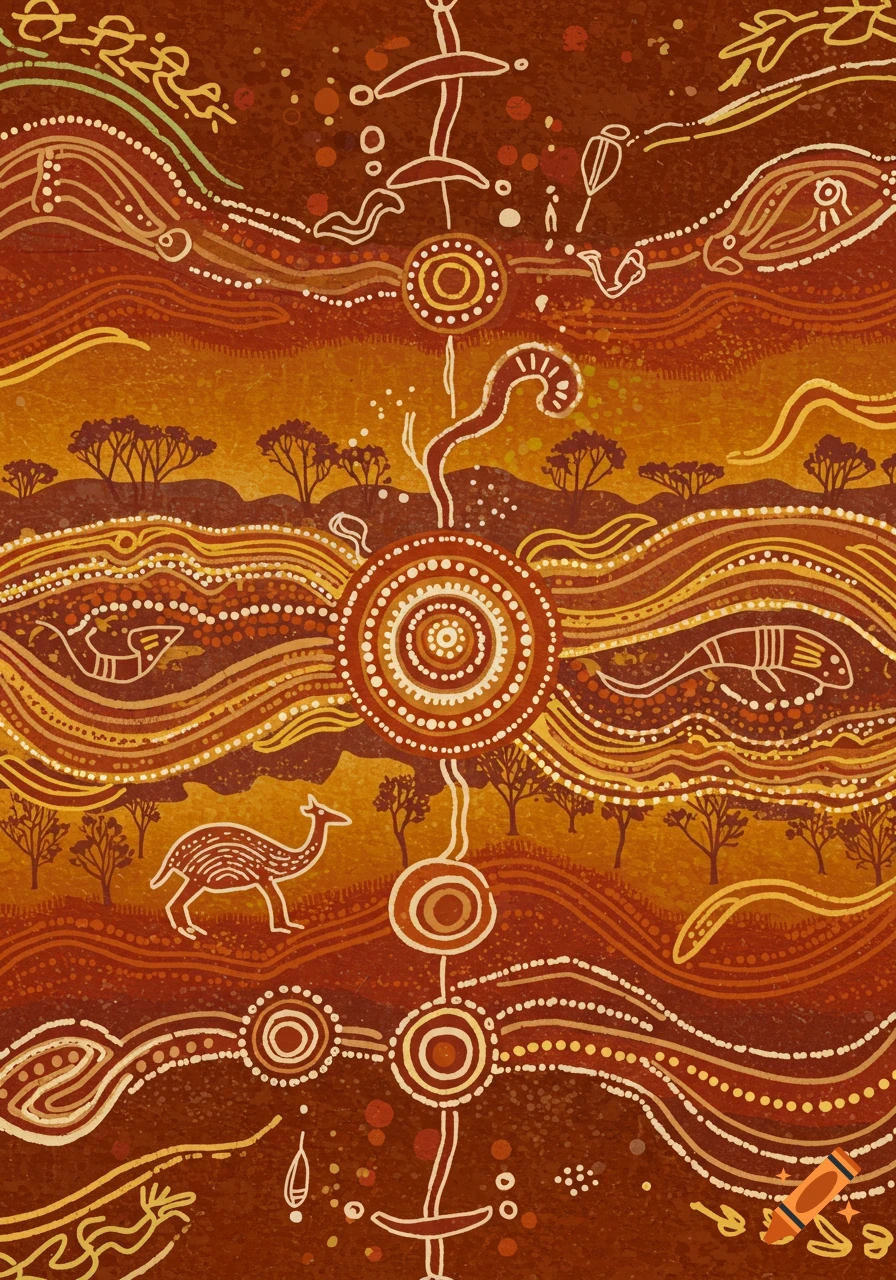 Abstract Australian Aboriginal art with dot patterns, wavy lines, stylized animals, and trees in earthy brown, orange, and yellow tones.