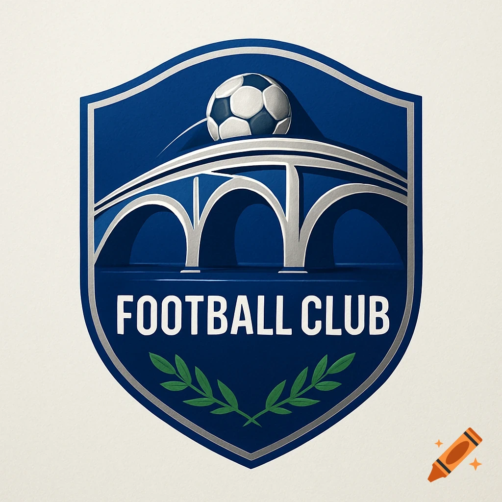 Blue and silver shield logo with a football on a bridge, text 'FOOTBALL CLUB', and green branches.