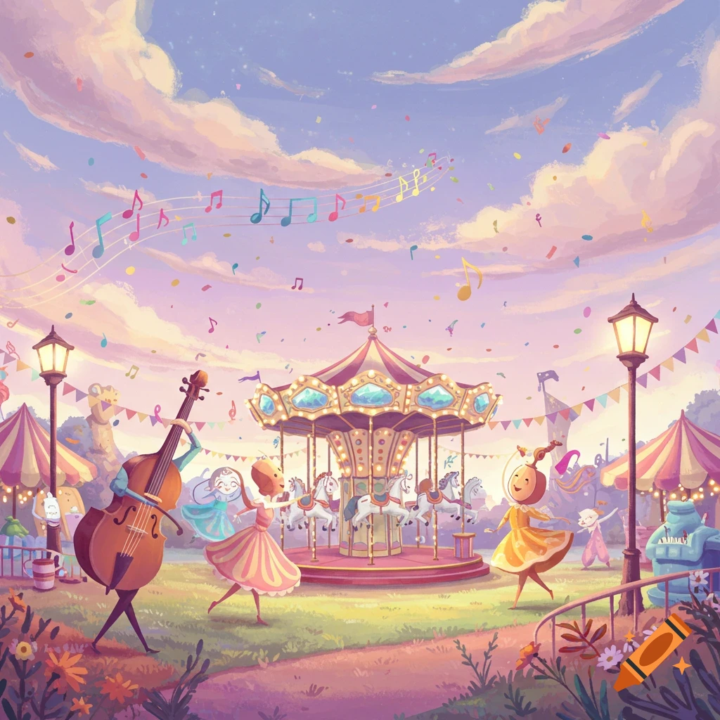 A whimsical carnival scene under a pastel sky with a carousel, dancing characters, and colorful musical notes floating among confetti.