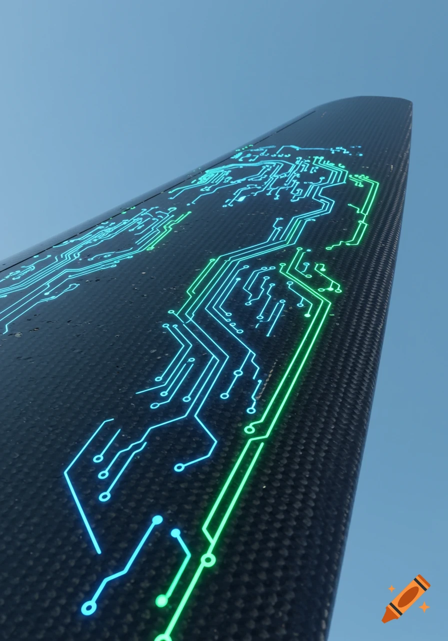 Close-up of a carbon fiber aircraft wing with glowing blue and green circuit board patterns against a clear blue sky.